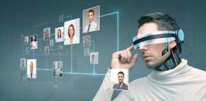 people, technology, future and progress - man with futuristic 3d glasses and microchip implant or sensors over blue background with network contacts icons